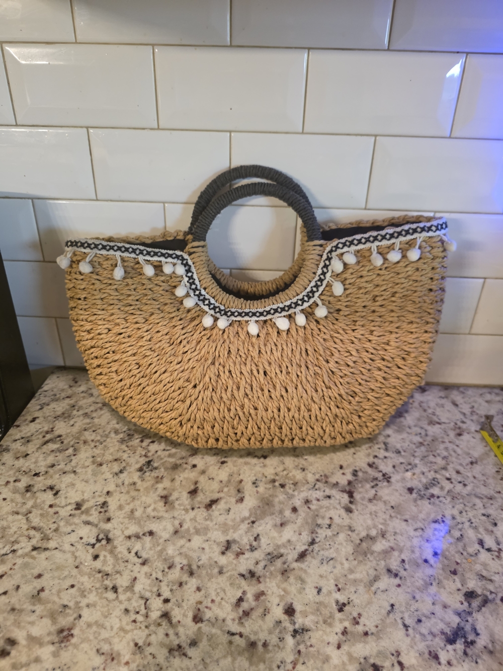 Natural Straw Pom Trim Tote with Gray Wrapped Handles